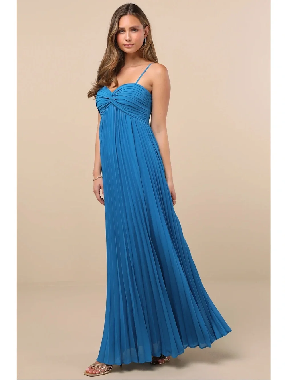 NWT Lulu’s Jolette Blue Pleated Knot-Front Maxi Dress Large 2681031 Chic Party